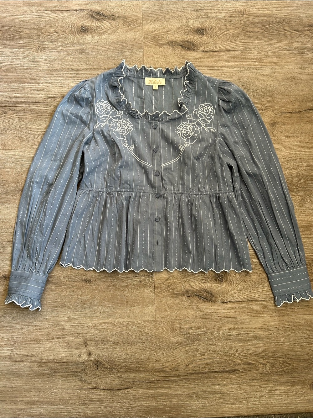 Listicle Blue Pinstripe Ruffled Embroidered Peplum Blouse